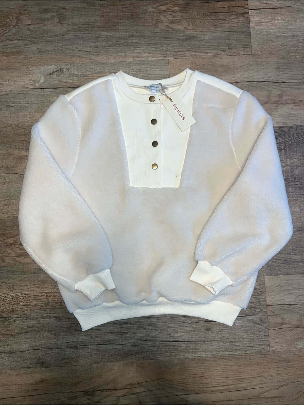 RIHOAS Cream Crewneck Fleece Henley Sweater